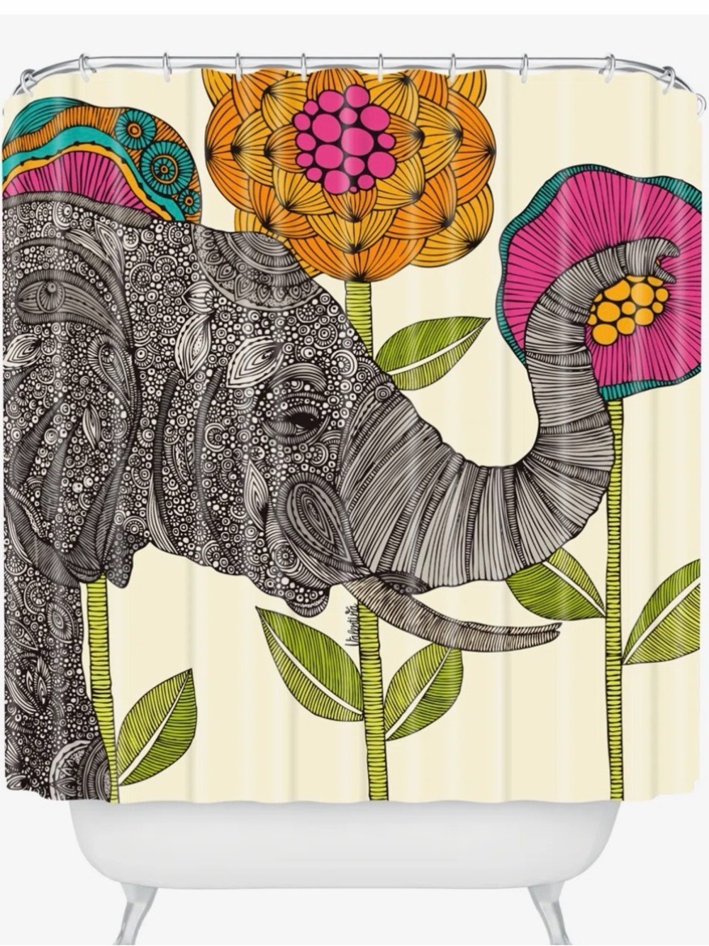 Boho Elephant Floral Shower Curtain - Cream with Pink, Orange & Green DENY
